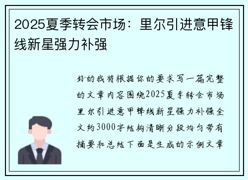 2025夏季转会市场：里尔引进意甲锋线新星强力补强