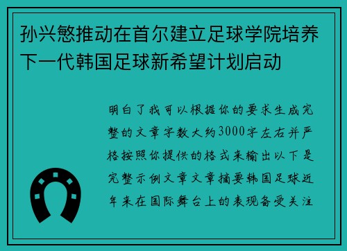 孙兴慜推动在首尔建立足球学院培养下一代韩国足球新希望计划启动