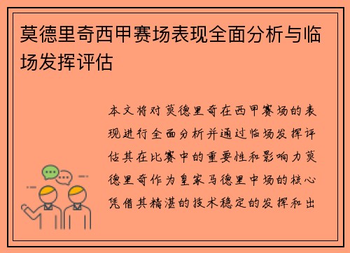 莫德里奇西甲赛场表现全面分析与临场发挥评估