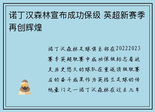 诺丁汉森林宣布成功保级 英超新赛季再创辉煌 诺丁汉森林宣布成功保级 英超新赛季再创辉煌