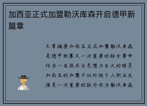 加西亚正式加盟勒沃库森开启德甲新篇章